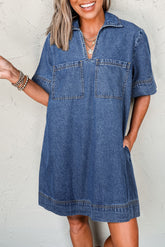 Blue Short Sleeve Collared Denim Mini Dress